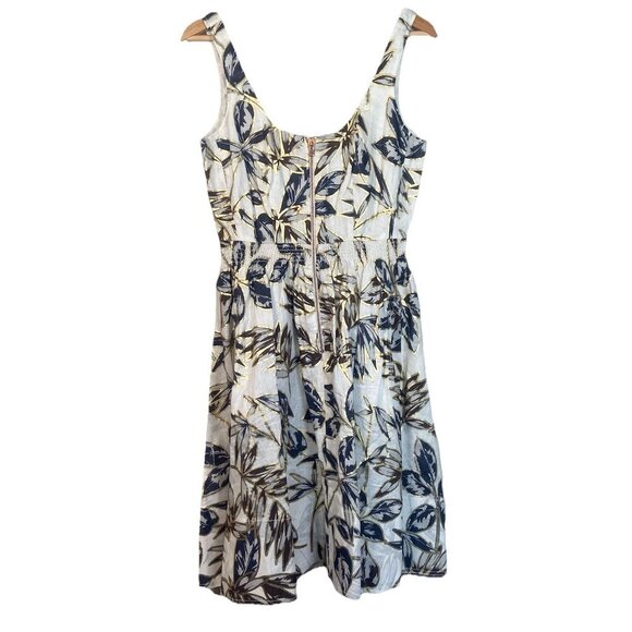 J.CREW Fit & Flare Ivory Linen Dress Gold Black Foil Leaf Print Size 4 NWOT Zip - Picture 3 of 14